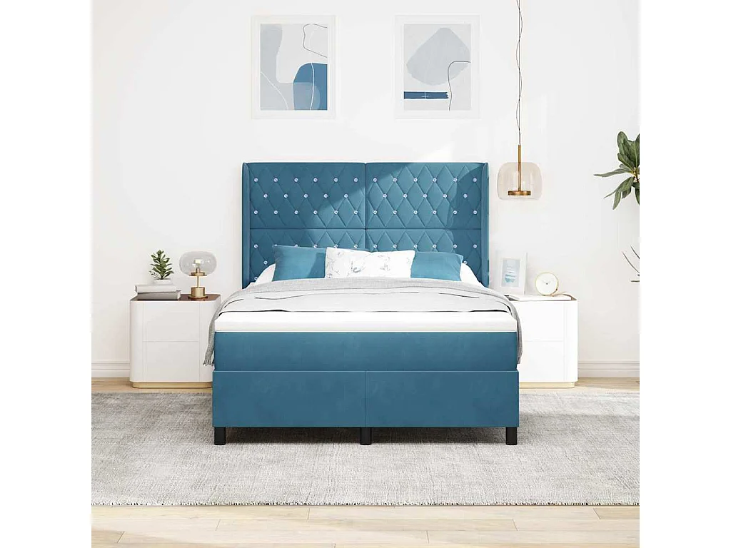 Cama con Box Spring LED y Colchón Azul 140 x 190 cm Terciopelo