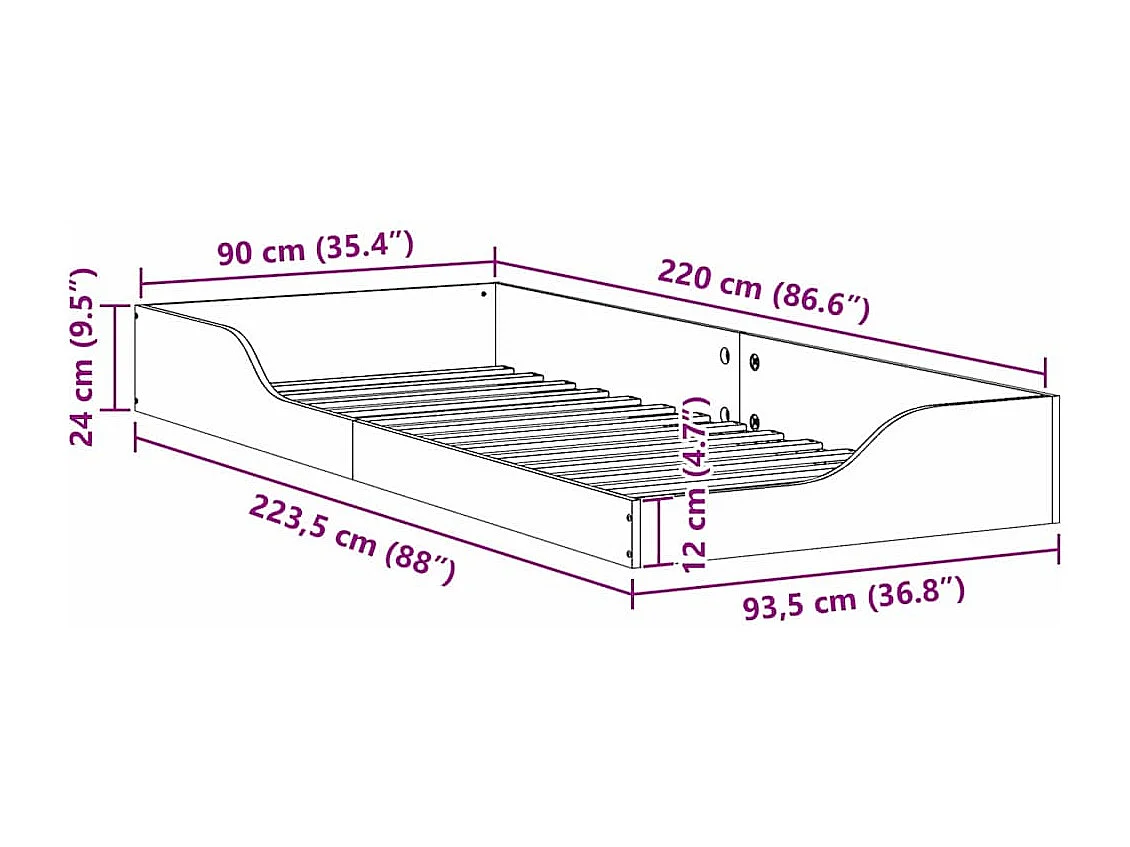Cadre de lit surélevé Blanc 90 x 220 cm Bois massif en pin
