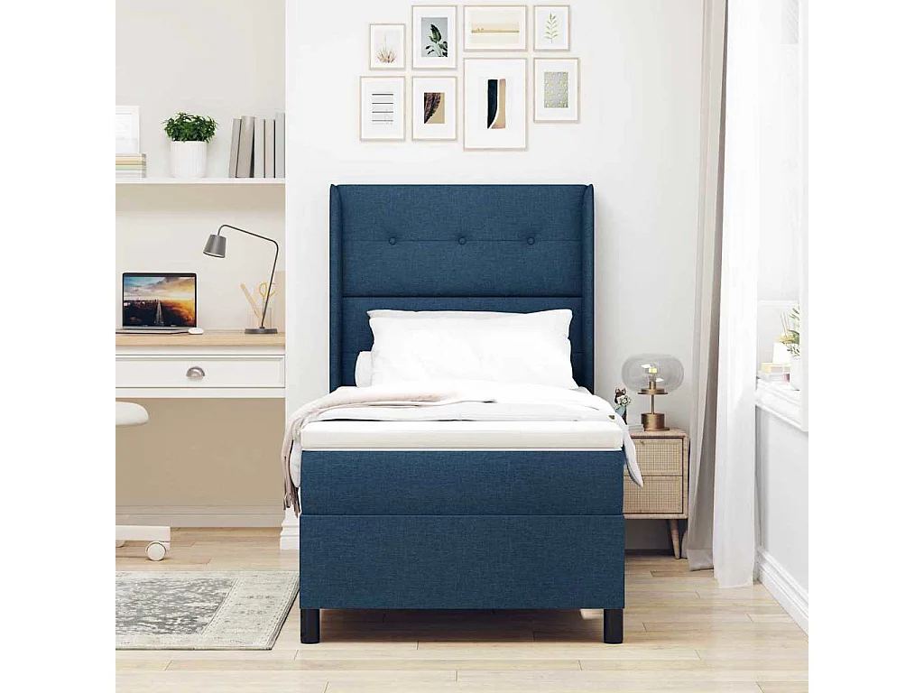 Cama tipo Box Spring con colchón Azul 90 x 200 cm tela