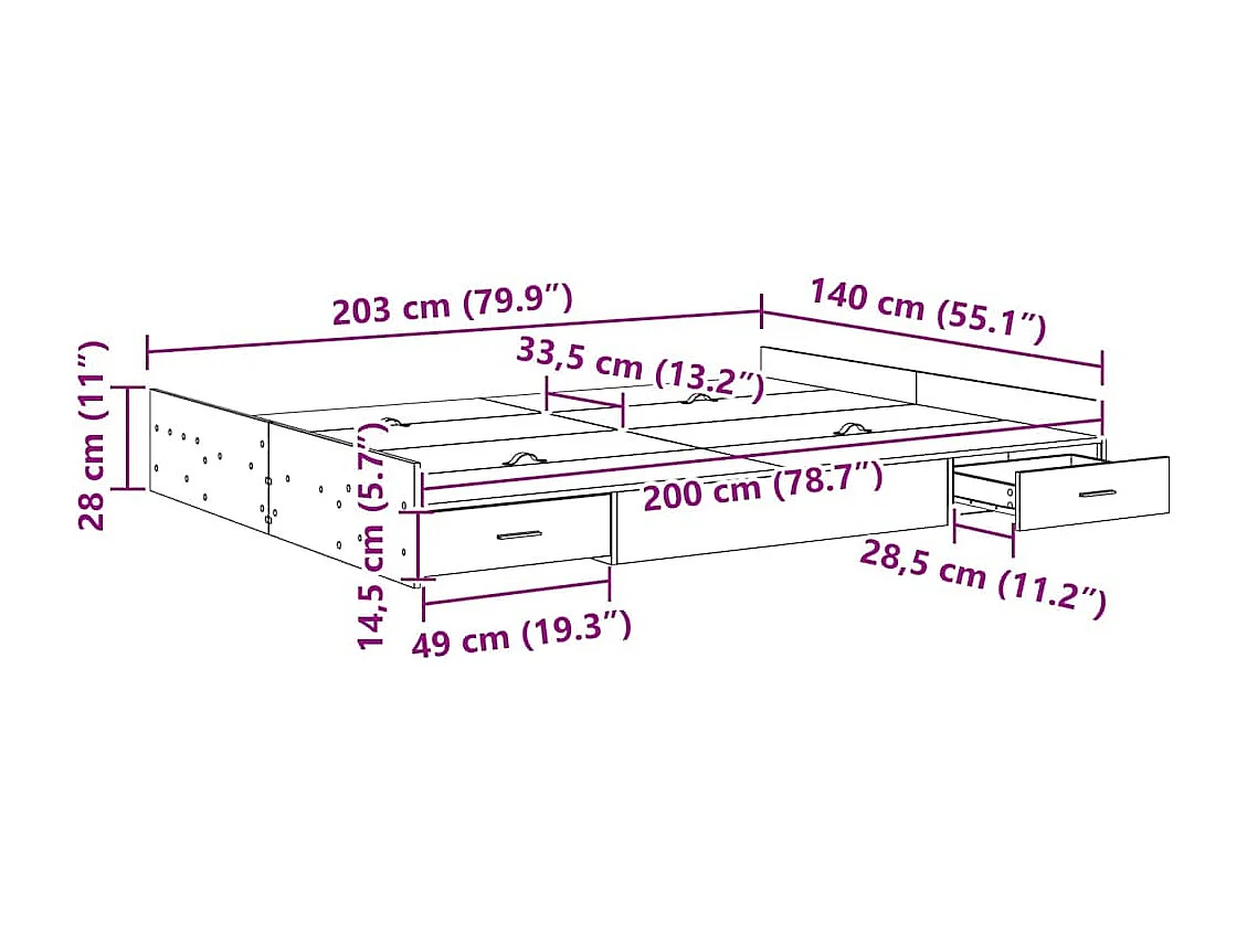 Opbergbedframe met lade Grijs sonoma 140 x 200 cm Bewerkt hout