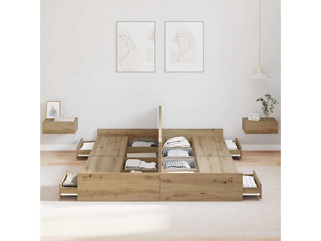 Cadre de lit avec rangement chêne artisanal 140 x 190 cm