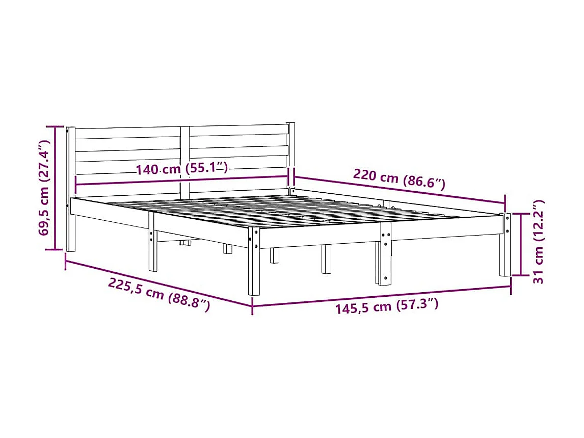Marco de Cama 220 x 140 cm Madera maciza de pino