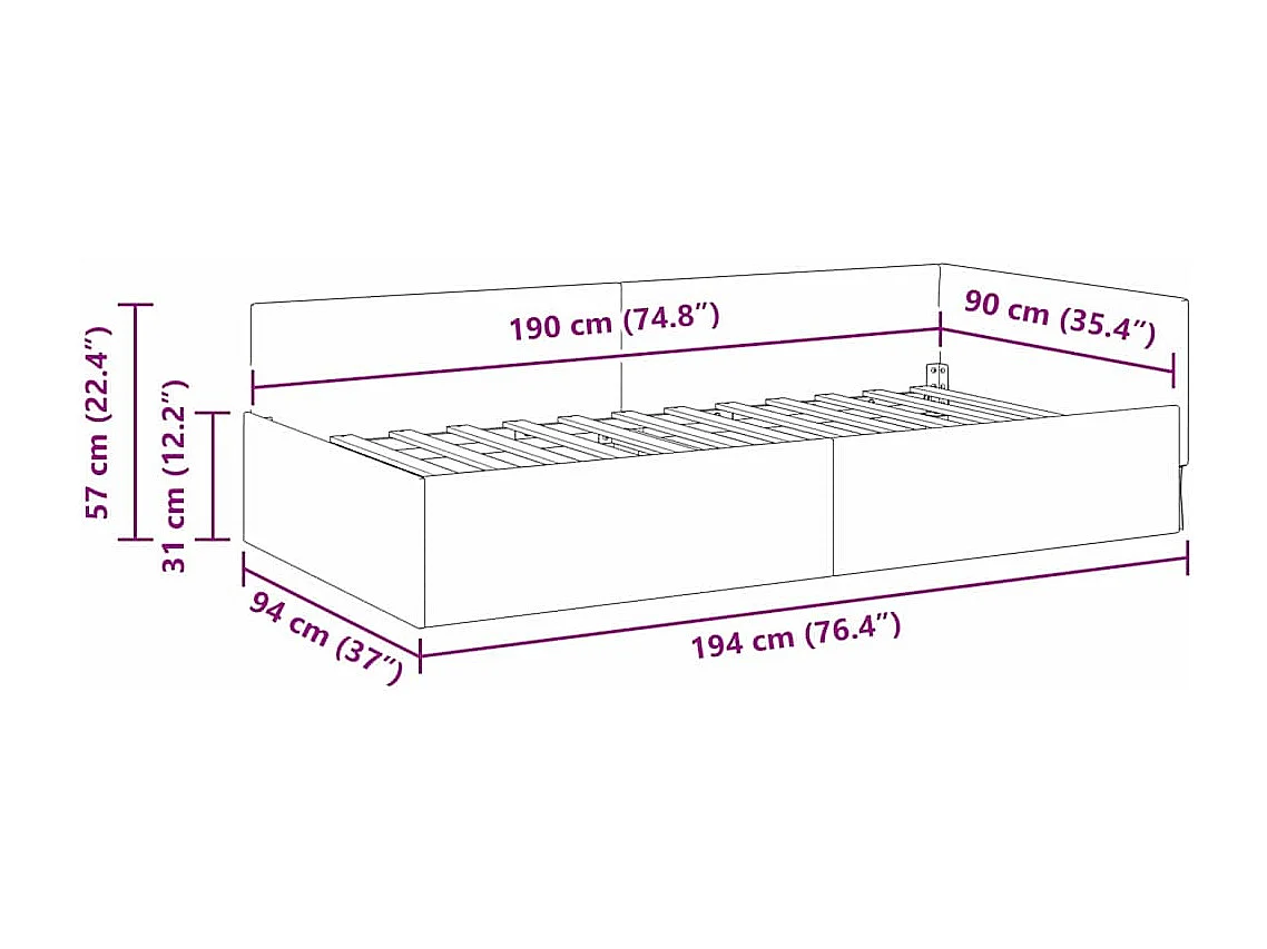 Cadre de lit d'angle Rouge bordeaux 90 x 190 cm
