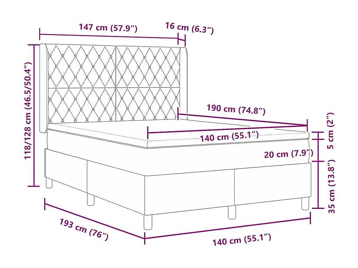 Cama tipo Box Spring con cabecera Azul 140 x 190 cm Terciopelo