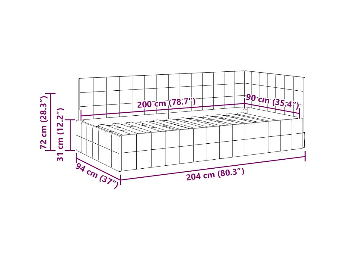 Cadre de lit d'angle Gris foncé 90 x 200 cm Velours