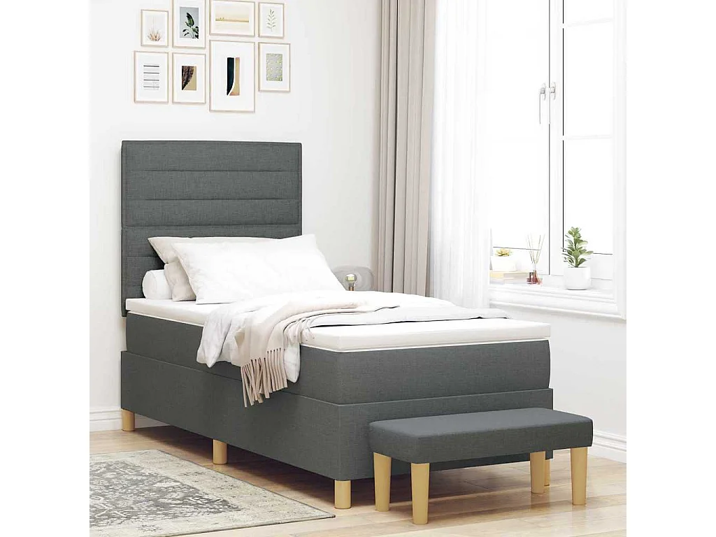 Cadre de lit avec matelas Gris foncé 90 x 190 cm tissu