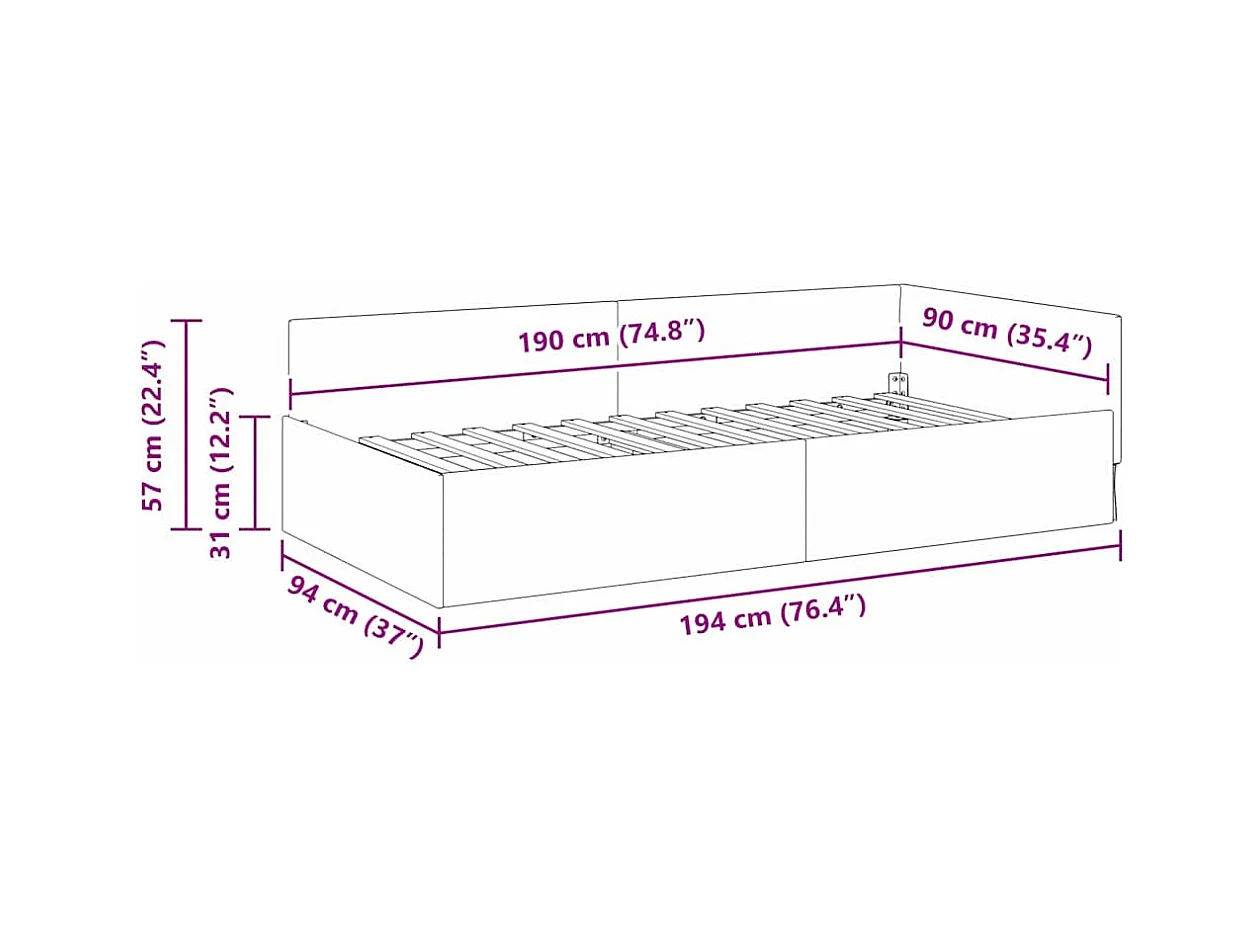 Cadre de lit d'angle Bleu 90 x 190 cm Tissu et bois reconstitué