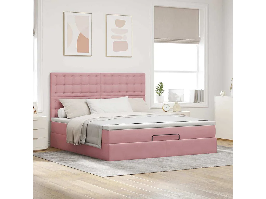 Cadre de lit ottoman avec matelas rose 160x200 cm velours