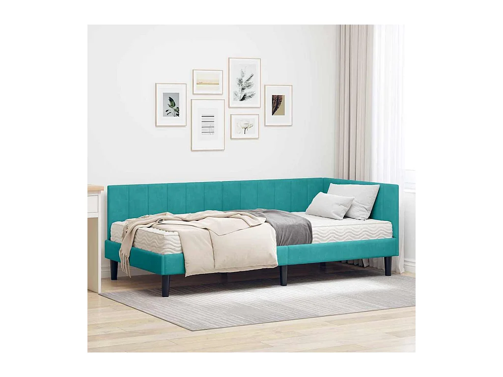 Cadre de lit d'angle avec matelas Turquoise 90 x 190 cm Velours