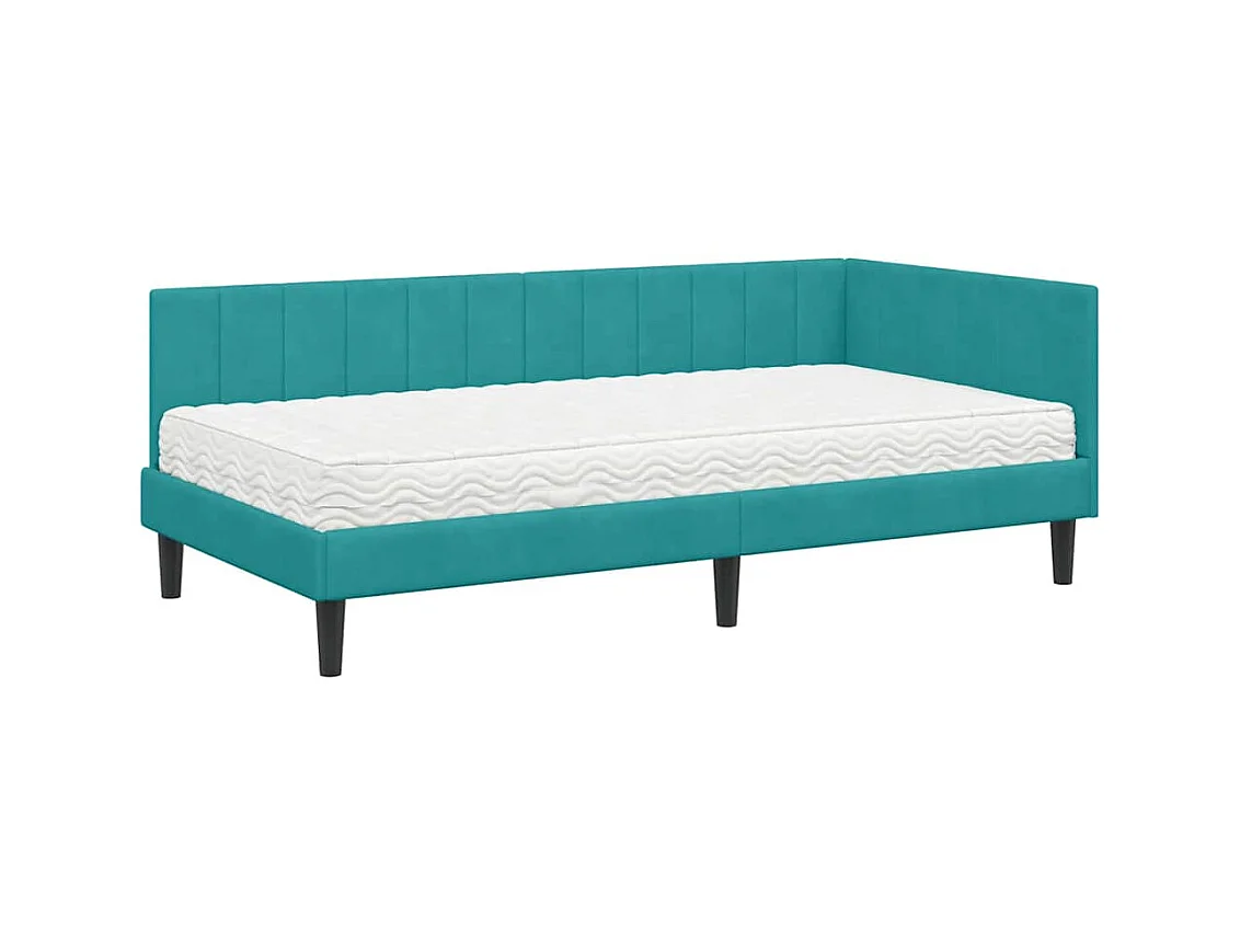 Cadre de lit d'angle avec matelas Turquoise 90 x 190 cm Velours
