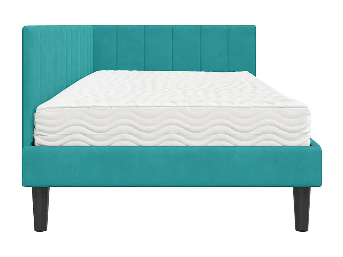 Cadre de lit d'angle avec matelas Turquoise 90 x 190 cm Velours