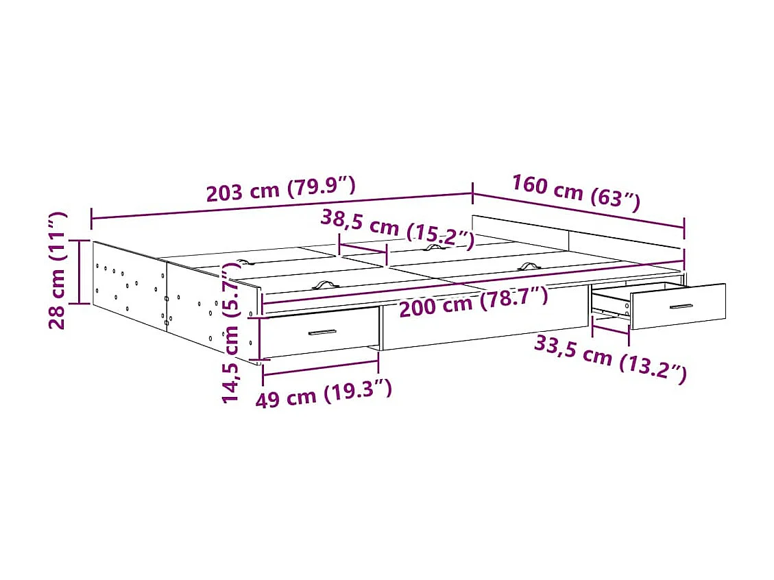 Cadre de lit avec rangement avec tiroir Chêne fumé 160 x 200 cm