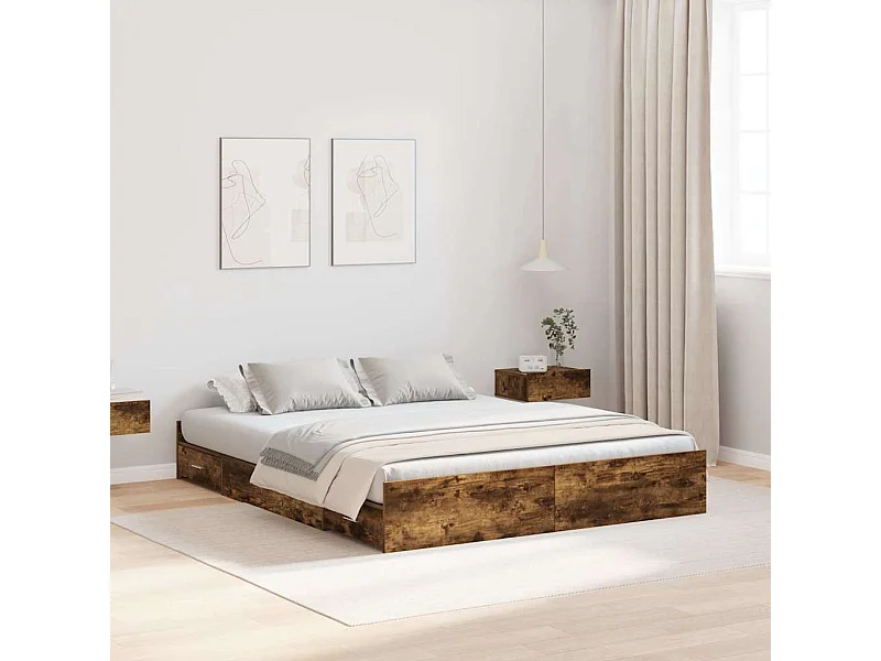 Opbergbedframe met lade Gerookt eiken 160 x 200 cm Bewerkt hout