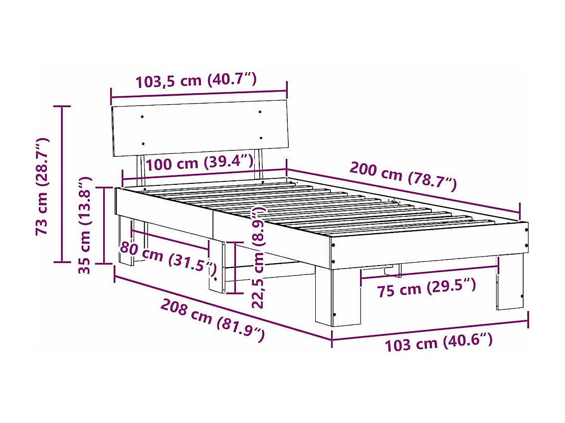 Estrutura da Cama com cabeceira Castanho-mel 100 x 200 cm