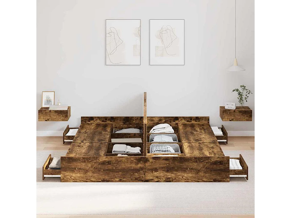 Cama con almacenamiento con cabecera Roble ahumado 180 x 200 cm