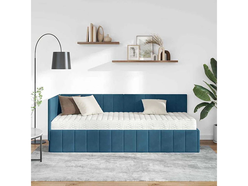Estrutura de Cama de Canto com colchão Azul 80 x 200 cm Veludo