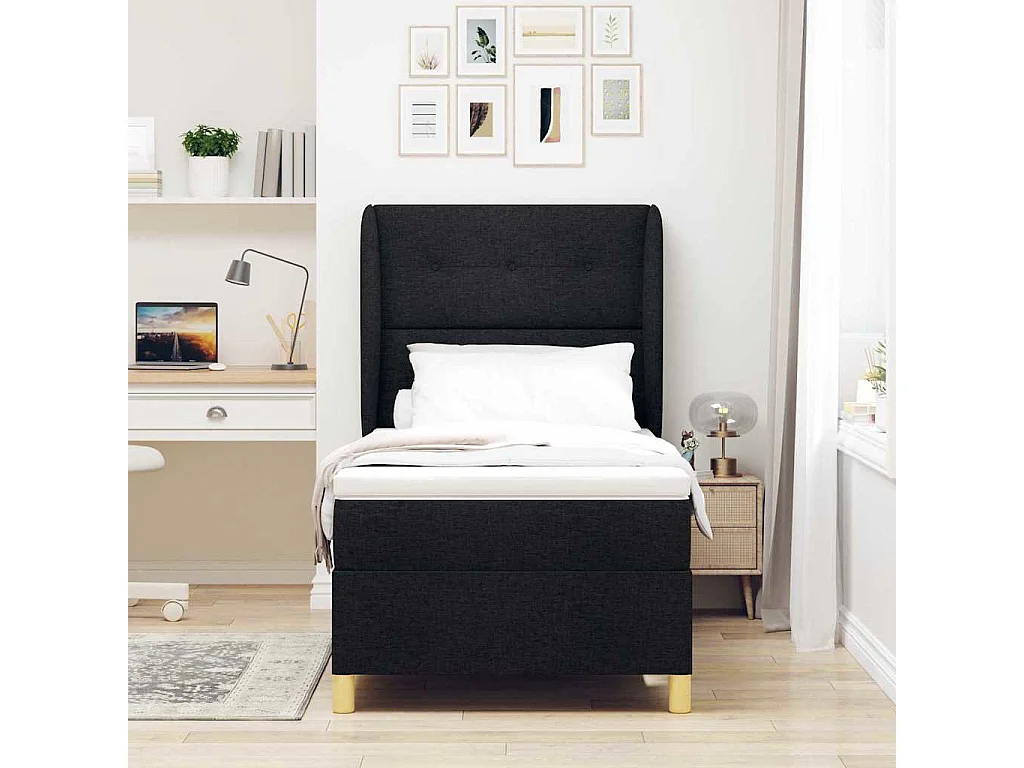 Cama con Somier y Colchón Gris Oscuro 90x190 cm de Tela Negro