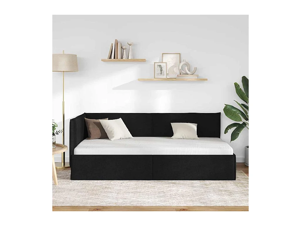 Cadre de lit d'angle avec tête de lit Noir 90 x 200 cm tissu