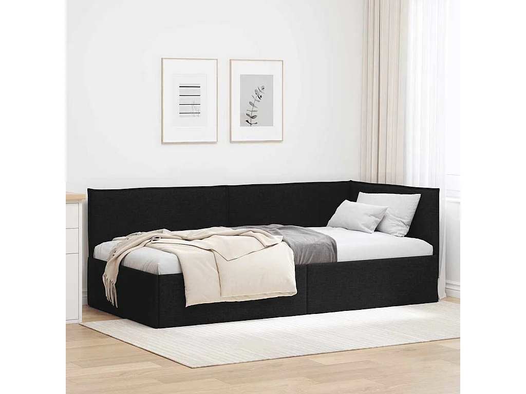 Cadre de lit d'angle avec tête de lit Noir 90 x 200 cm tissu