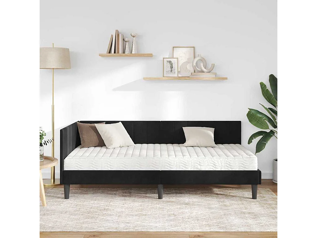 Cadre de lit d'angle avec matelas Noir 100 x 200 cm Velours