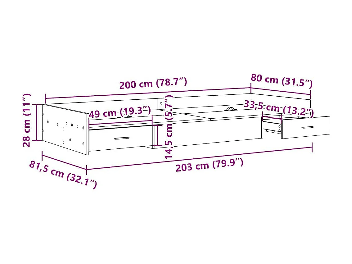 Opbergbedframe met hoofdeinde Rook Eiken 80 x 200 cm Bewerkt hout