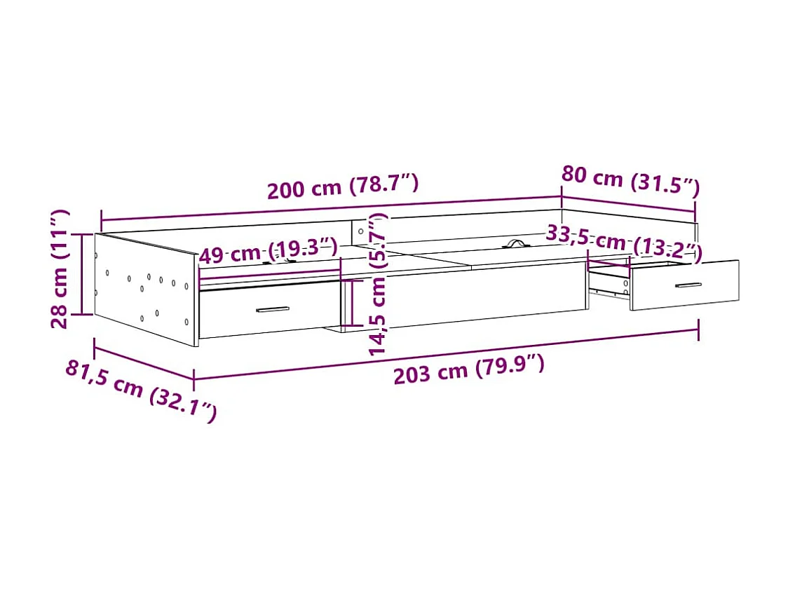 Cadre de lit avec rangement Gris béton 80 x 200 cm Bois d'ingénierie