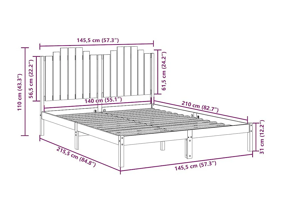 Cadre de lit extra long sans matelas 140x210 cm bois massif
