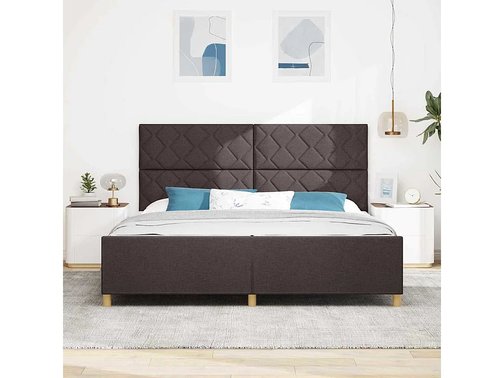 Estructura de cama con cabecera Marrón oscuro 200 x 200 cm tela