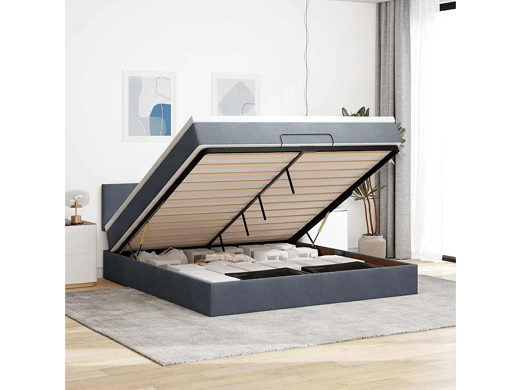 Cadre de lit ottoman avec matelas gris foncé 160x200 cm velours
