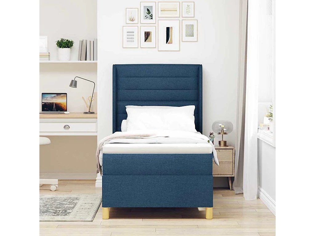 Cama con Somier con colchón con cabecera Azul 90 x 190 cm tela