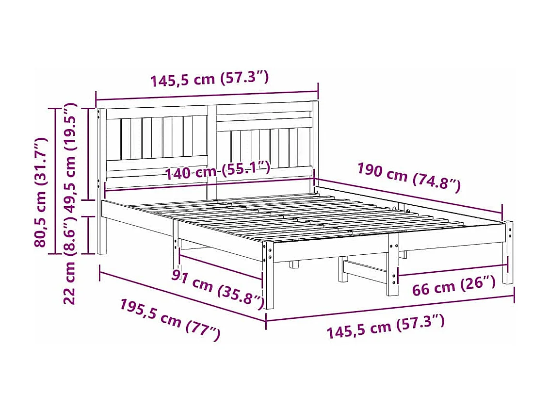 Cadre de lit Marron cire 140 x 190 cm Bois massif en pin
