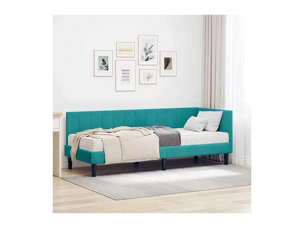Cadre de lit d'angle avec matelas Turquoise 80 x 200 cm Velours