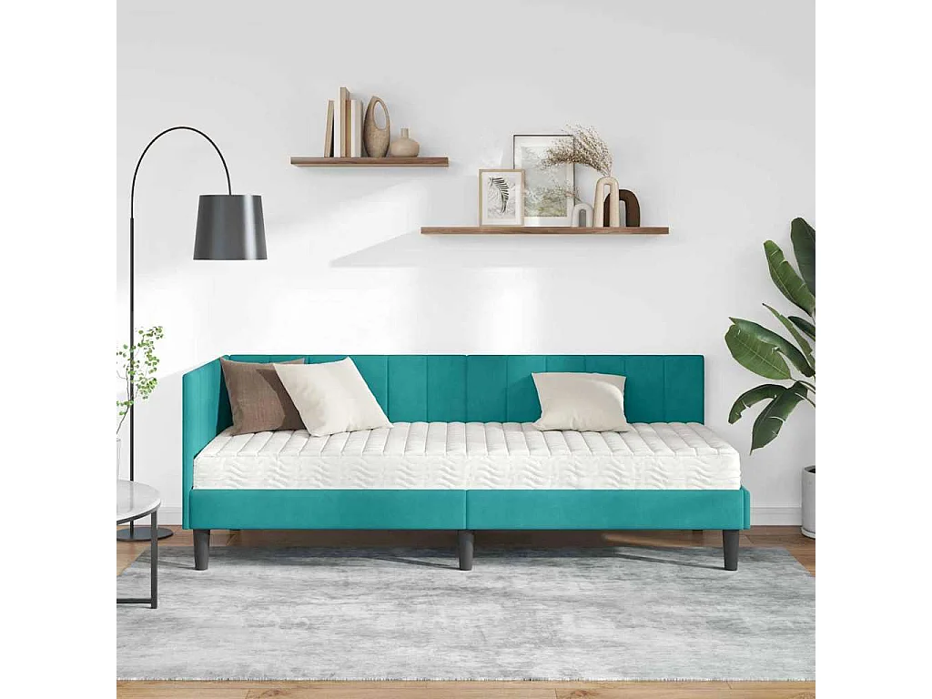 Cadre de lit d'angle avec matelas Turquoise 80 x 200 cm Velours