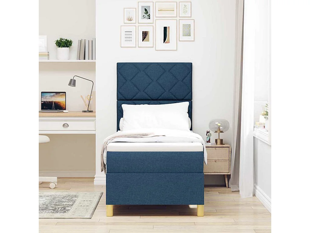 Cama tipo Box Spring con cabecera Azul 80 x 200 cm tela