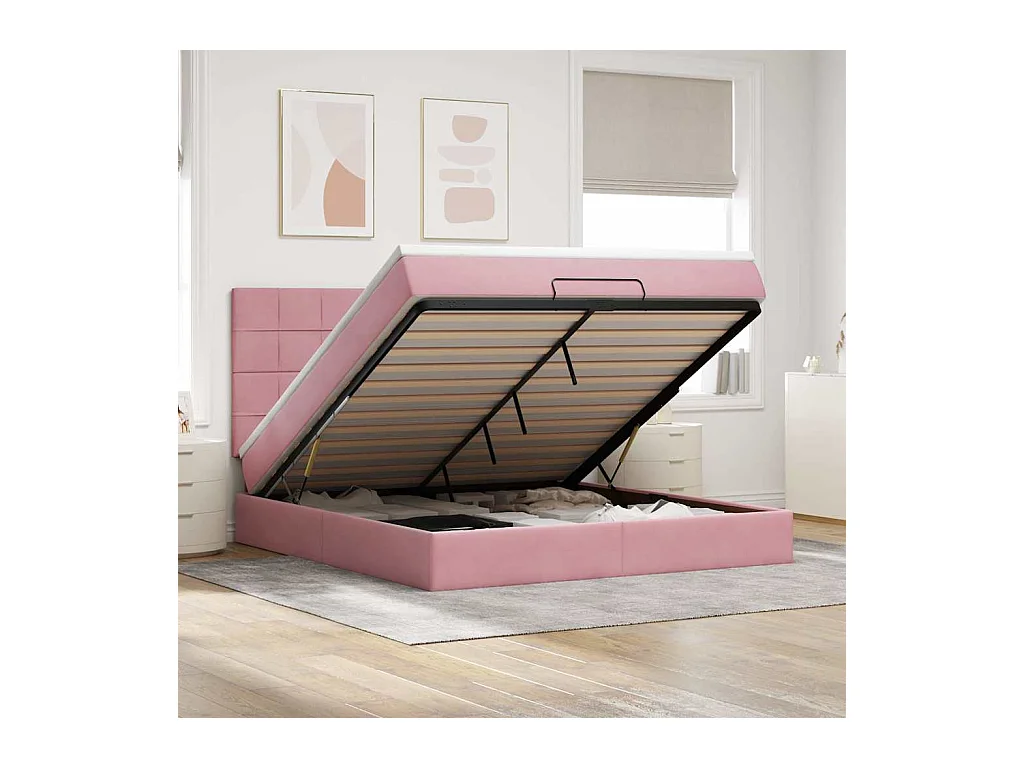 Cadre de lit ottoman avec matelas rose 180x200 cm velours