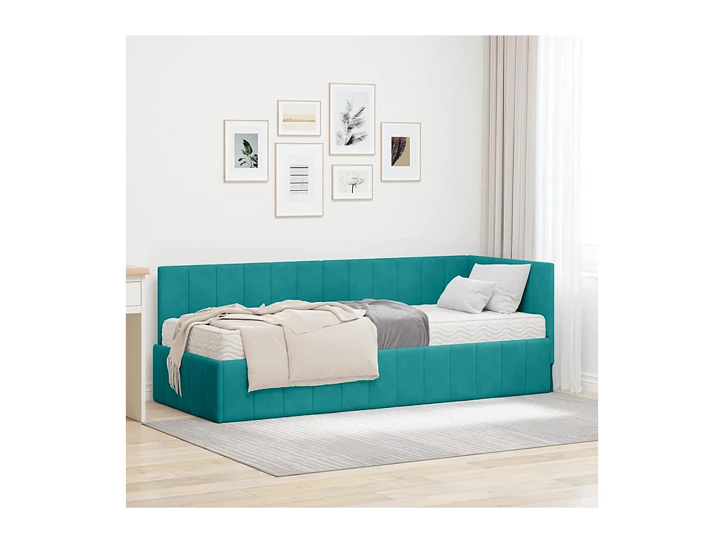 Cadre de lit d'angle avec matelas Turquoise 80 x 200 cm Velours