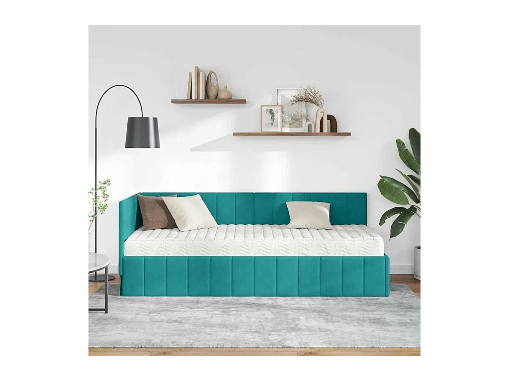 Cadre de lit d'angle avec matelas Turquoise 80 x 200 cm Velours