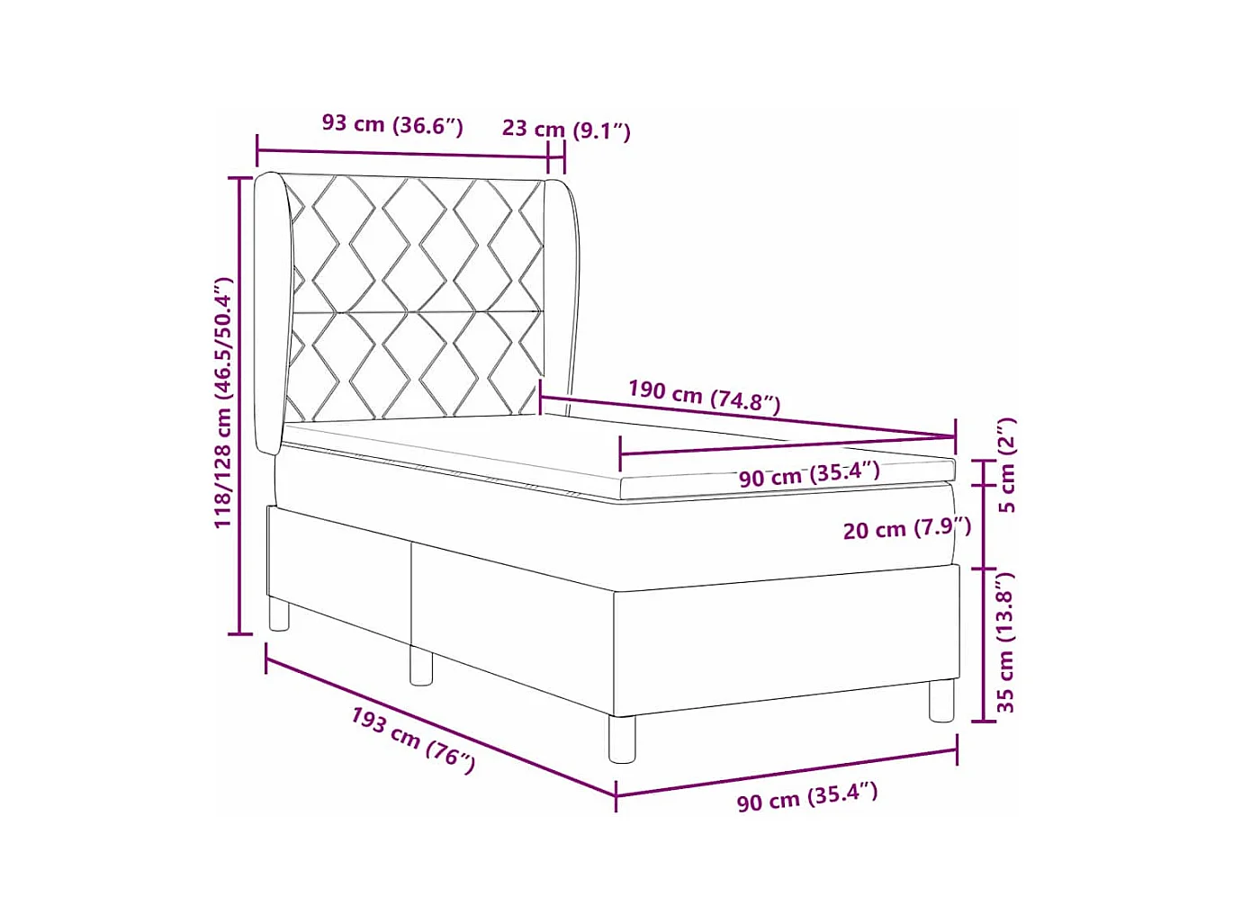 Cadre de lit avec matelas Bleu foncé 90 x 190 cm Velours