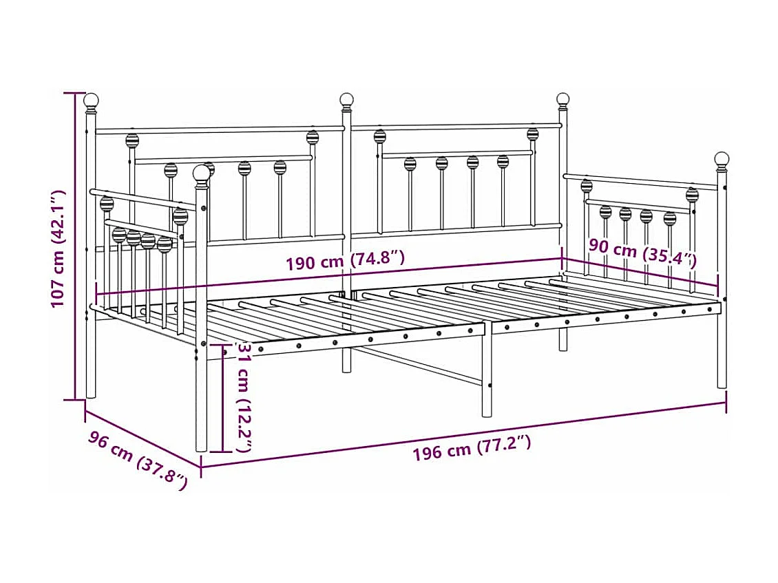 Bedframe voor een daybed met hoofdeinde Wit 90 x 190 cm Staal