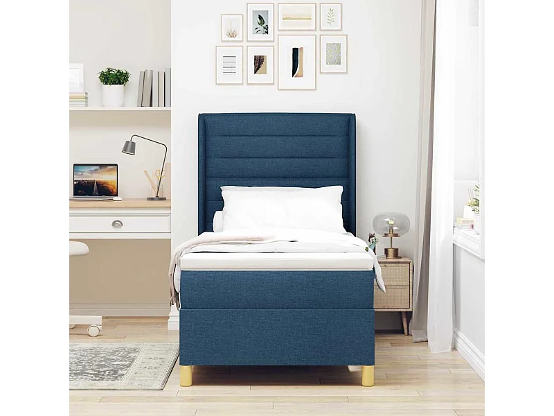 Cama con Somier con colchón con cabecera Azul 100 x 200 cm tela