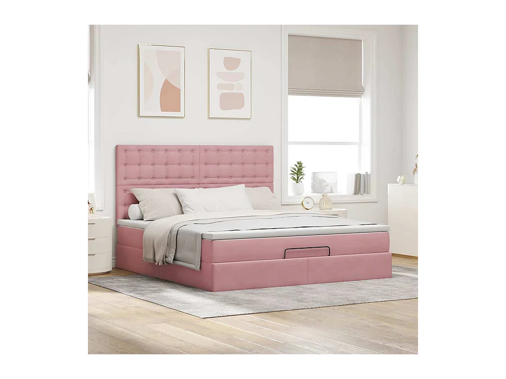 Cadre de lit ottoman avec matelas rose 160x200 cm velours