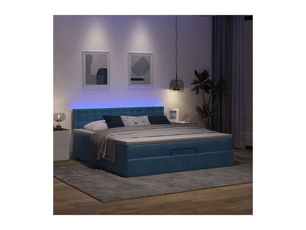 Cadre de lit ottoman avec matelas bleu foncé 160x200 cm velours