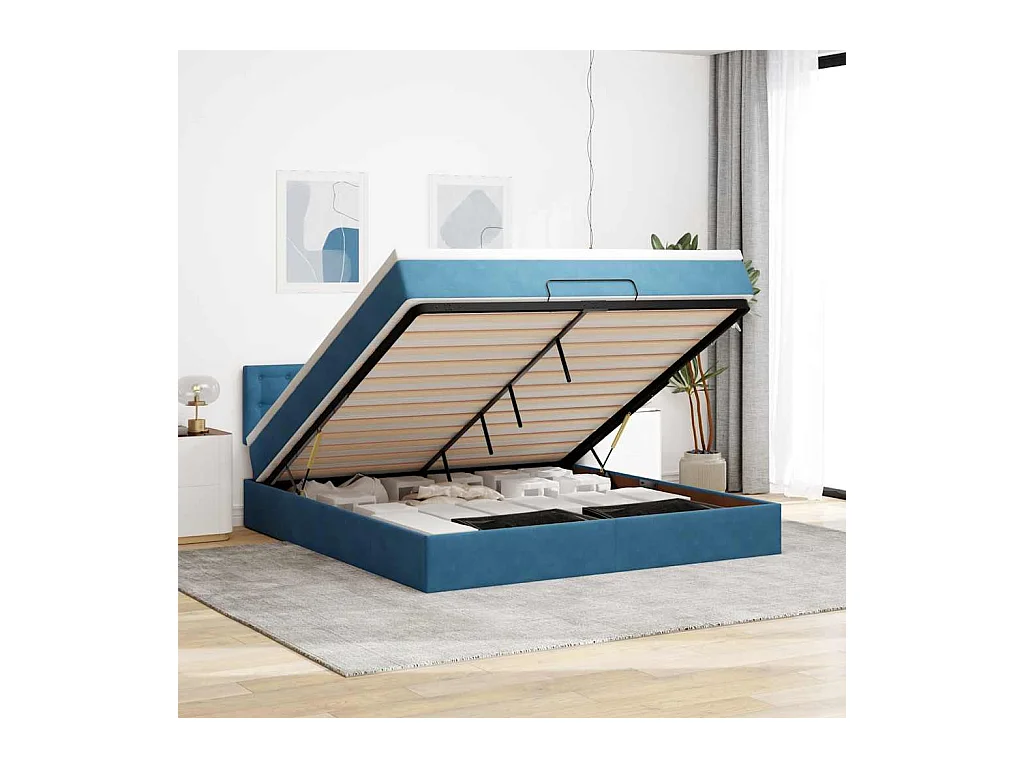 Cadre de lit ottoman avec matelas bleu foncé 160x200 cm velours