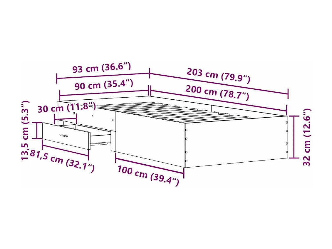Cadre de lit avec tiroirs avec tiroir Bois ancien 90 x 200 cm
