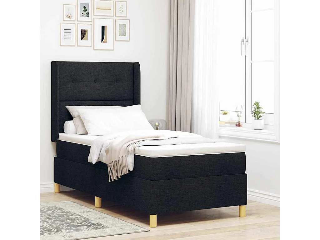 Cama con Somier con colchón con cabecera Negro 90 x 190 cm tela