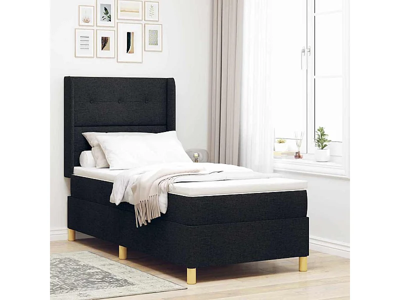 Cama con Somier con colchón con cabecera Negro 90 x 190 cm tela