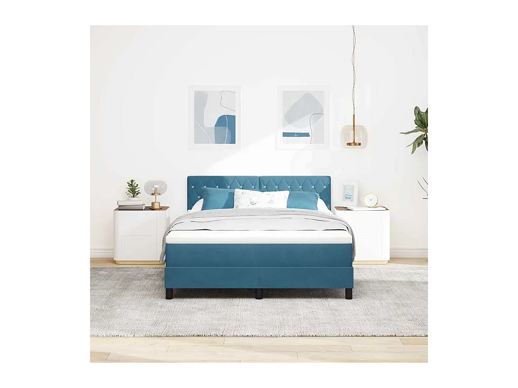 Cadre de lit avec matelas Bleu foncé 160 x 200 cm Velours