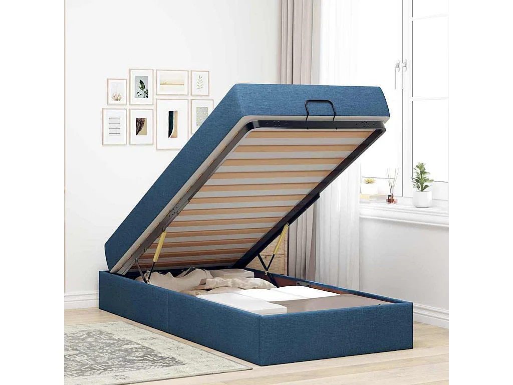 Estructura de cama con colchón Azul 90 x 200 cm tela