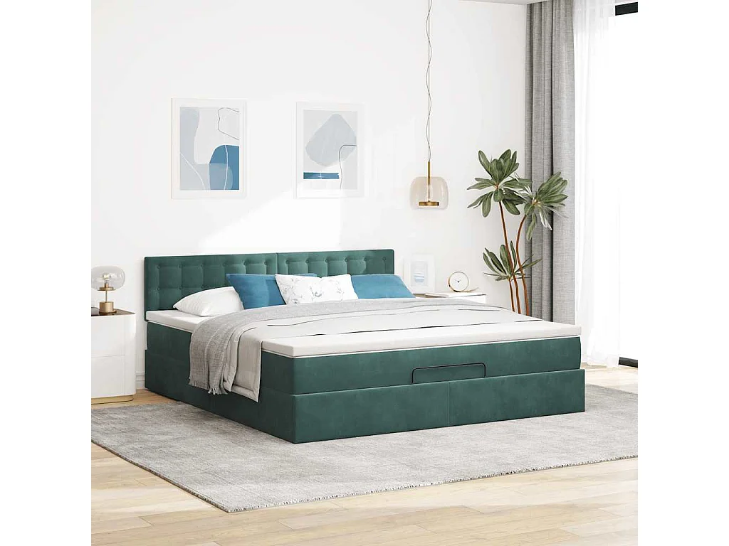 Cadre de lit ottoman avec matelas vert foncé 160x200 cm velours
