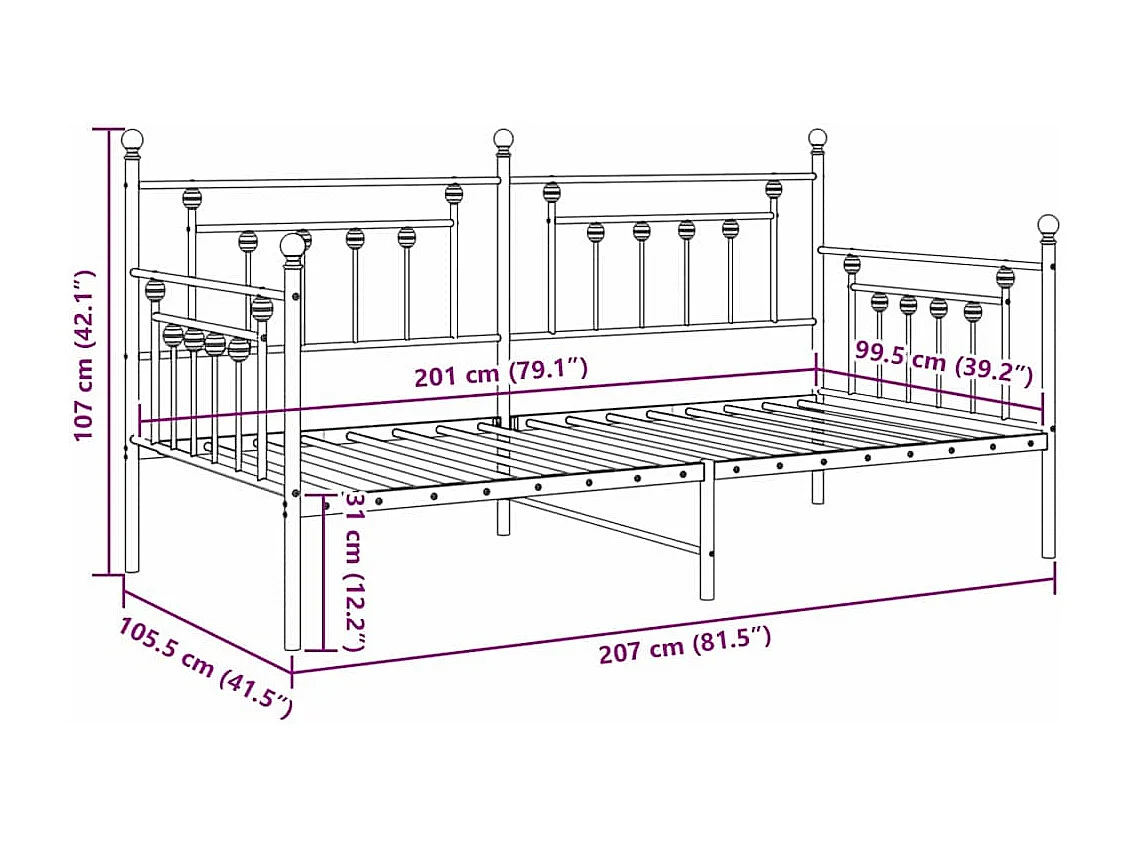 Bedframe voor een daybed met hoofdeinde Wit 100 x 200 cm Staal